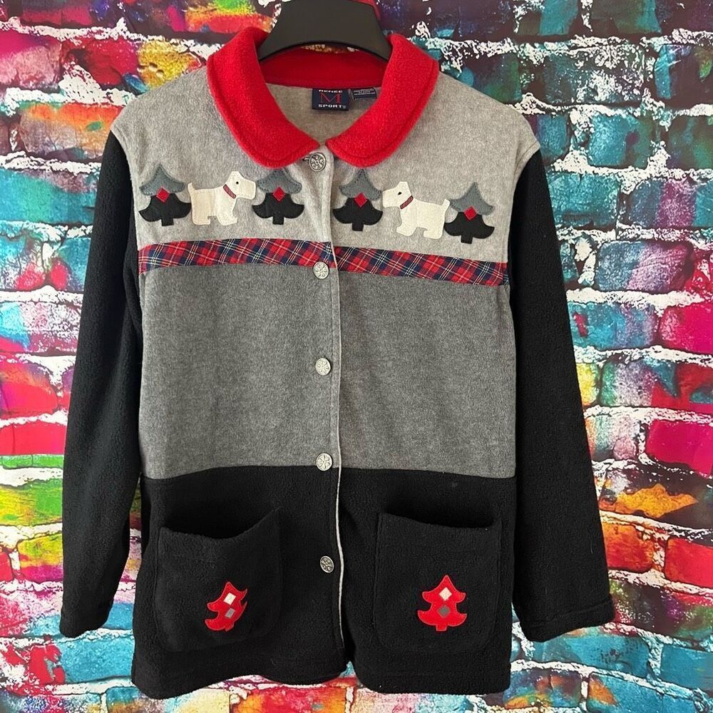 Renee M Sport Fleece Button Front Jacket Christmas Scotty Dog Size Small 6-8